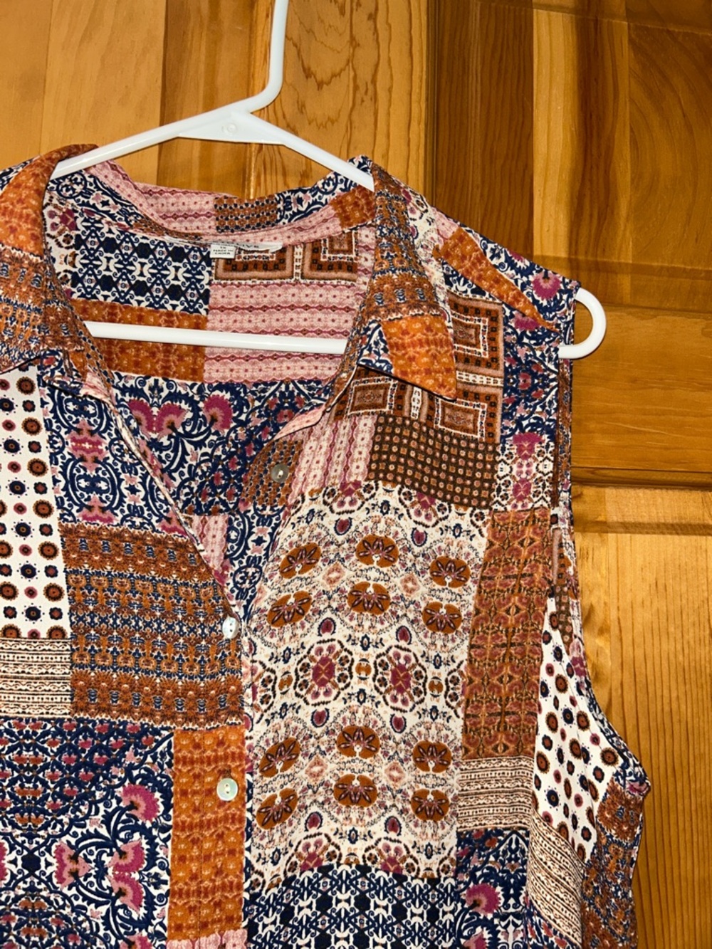 Rose & Olive Mixed Patchwork Button-Front Sleeveless Top